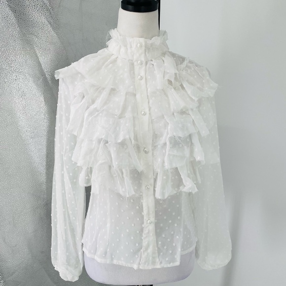 White Polka Dot Long Sleeve High Neck Ruffle Blouse Top - Picture 8 of 15